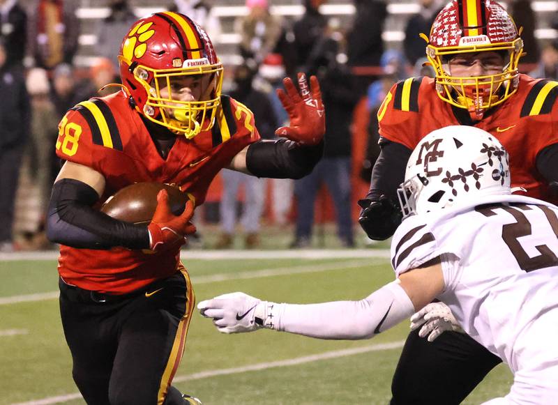 Batavia's Nathan Whitwell tries to get outside of Mt. Carmel's Zander Gorman during their Class 8A state championship game Saturday, Nov. 30, 2024, in Hancock Stadium at Illinois State University in Normal.