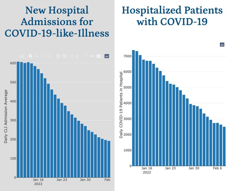 Illinois COVID-19 hospitalizations continue to decline, according to data released Wednesday, February 9, 2022 from the Illinois Department of Public Health