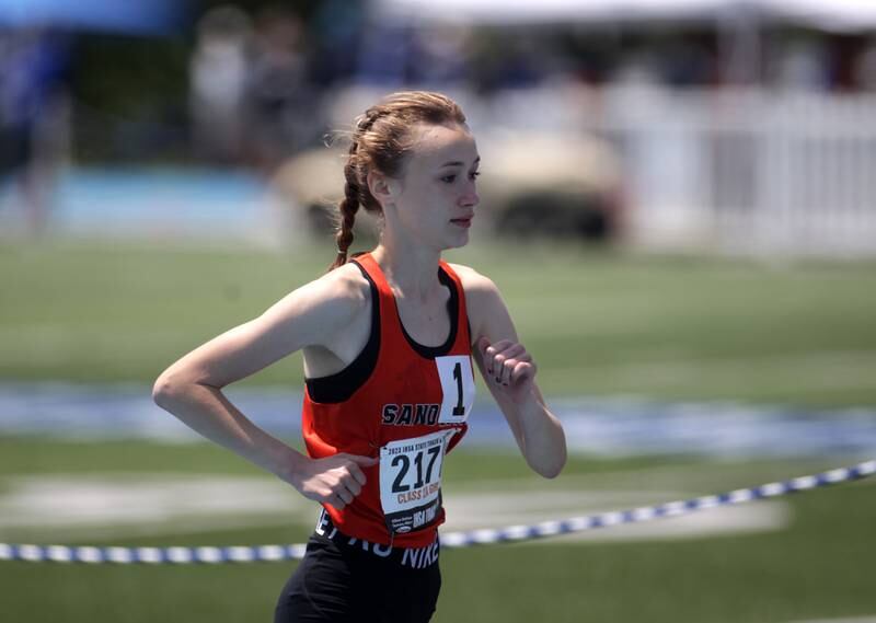 Sundara Weber of Sandwich competes in the 2A 3200-meter run during the IHSA State Track and Field Finals at Eastern Illinois University in Charleston on Saturday, May 20, 2023.