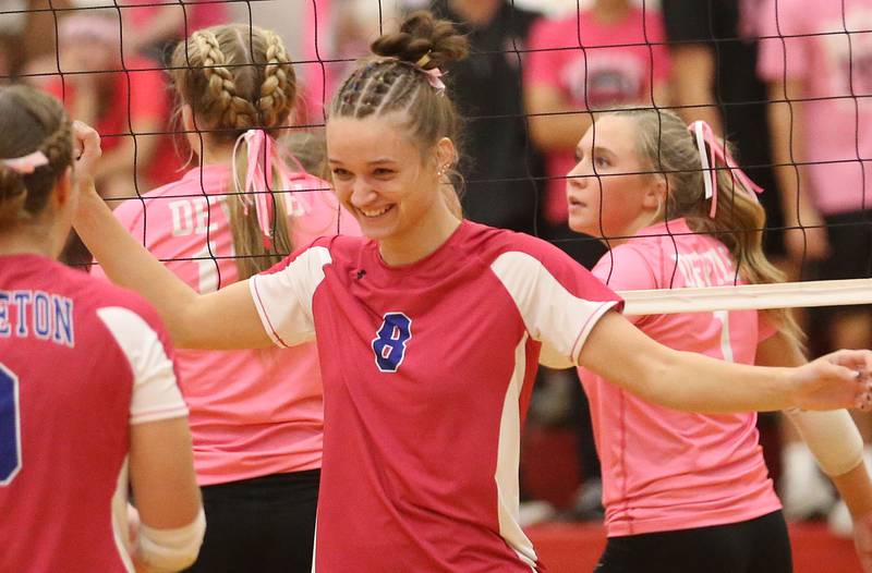 Princeton's Keighley Davis reacts after scoring a point against Hall on Thursday, Oct. 9, 2025 at Hall High School.