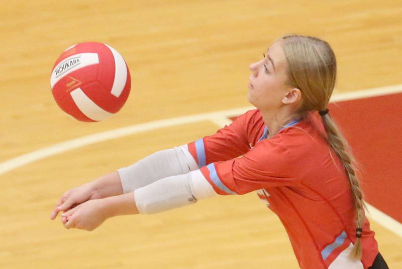 Ottawa's libero Kendall Biba returns a serve from Pontiac on Tuesday, Sept. 9, 2025 at Kingman Gymnasium.