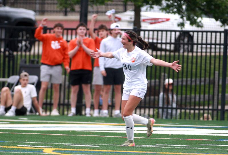 Wheaton Warrenville South's Sabrina Stranski celebrates a goal during the Class 3A Glenbard West Sectional final against St. Charles North on Friday, May 30, 2025 in Glen Ellyn.