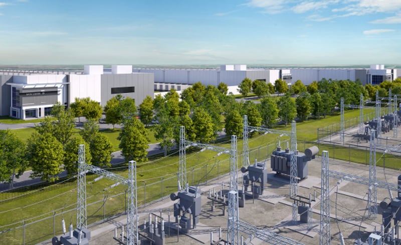A digital rendering of the proposed 540-acre Project Steel data center campus in Yorkville, which if approved will feature 18 two-story data center warehouses and 3 electrical substations.