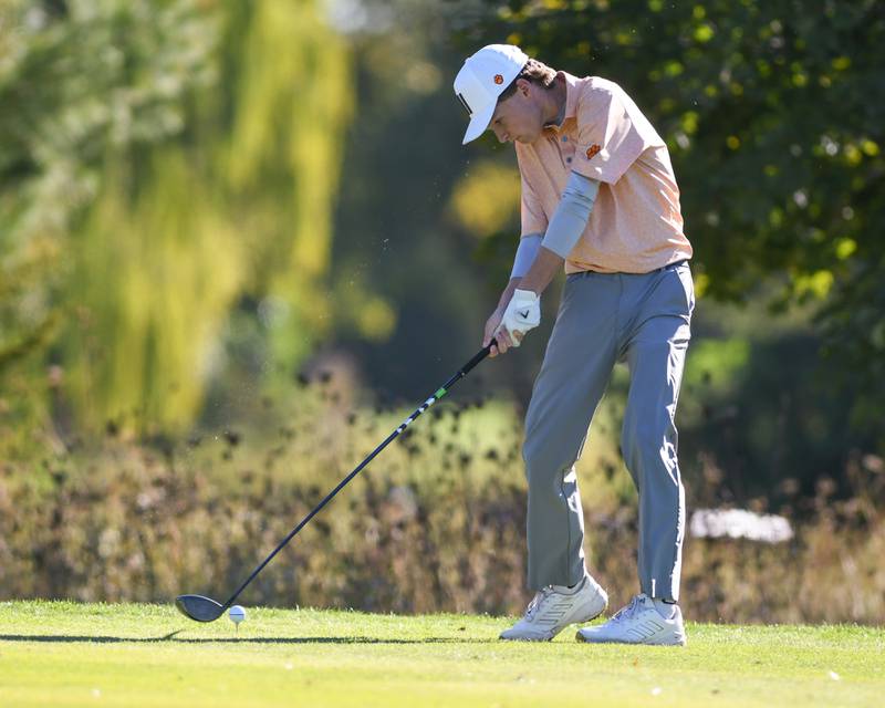Wheaton Warrenville South's Michael Johansen tees off on Monday Oct. 7, 2024, during the 3A sectional match held at Blackberry Oaks Golf Course in Bristol.
