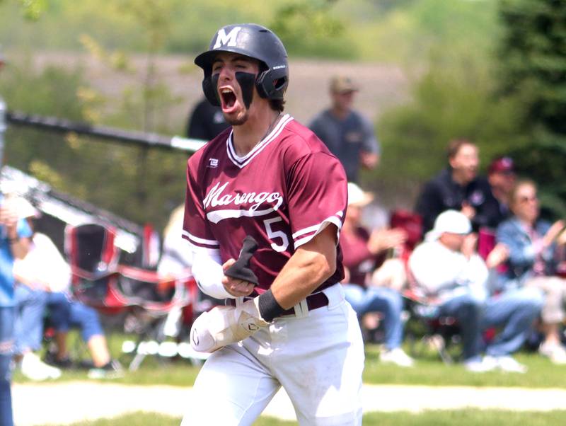 Marengo’s Michael Kirchhoff howls with delight as he comes in to score against Rockford Christian in IHSA Class 2A Regional Title Game action baseball at Richmond-Burton High School in Richmond  on Saturday, May 24, 2025.