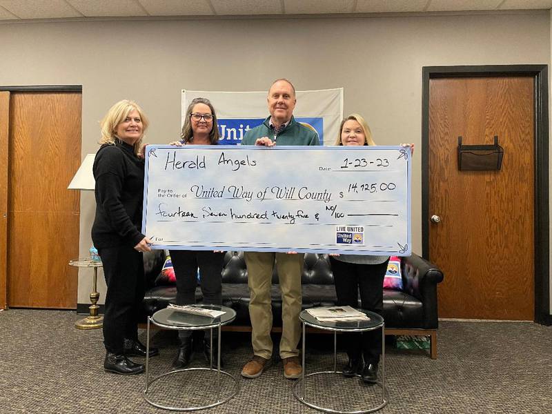 Steve Vanisko, publisher for The Herald-News in Joliet, presented a check for$14,725 to United Way of Will County on Monday. The donation was the result of a yet another successful Herald Angels campaign, which was held during the holidays of 2022. Pictured, from left, are Kristi Harrington, director of finance for United Way of Will County; Sarah Oprzedek is currently the vice president for operations and development at United Way of Will County; Steve Vanisko, publisher of The Herald-News; and Kamala Martinez, president and CEO of United Way of Will County.