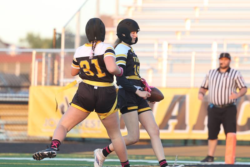 Joliet West’s Samantha Cassanova trots in for the score against Joliet Central on Wednesday, Oct. 2, 2024 in Joliet.
