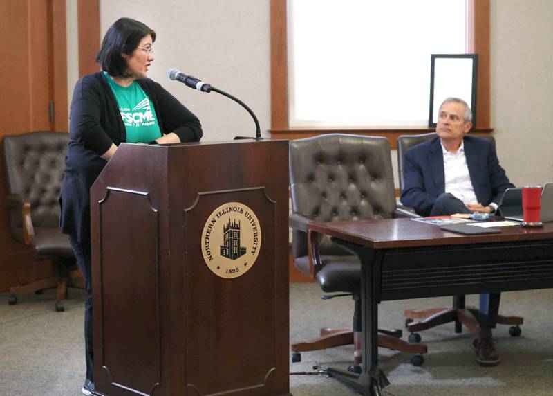 Martha Villagomez, a senior library specialist at Northern Illinois University, addresses the NIU Board of Trustees about the difficulties of living on her current salary Thursday, June 12, 2025, during the meeting in Altgeld Hall at NIU in DeKalb. NIU clerical, professional and administrative workers represented by the American Federation of State, County and Municipal Employees Local 1890 are asking for higher wages when their contract expires at the end of the month.