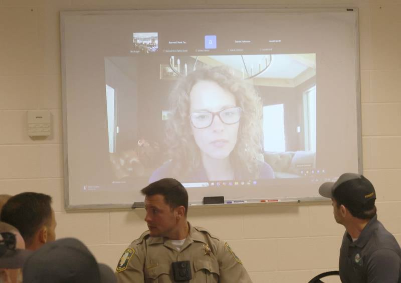 Illinois Department of Natural Resources Director Natalie Phelps Finnie speaks via remote during the Starved Rock Safety Update meeing on Monday, May 11, 2026 at the Utica Fire Station. The meeting serves as an opportunity to discuss safety, visitor experience, and general updates related to the park.