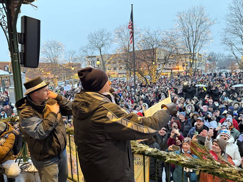 "Groundhog Day" actor Stephen Tobolowsky addresses the crowd after Woodstock Willie emerges.