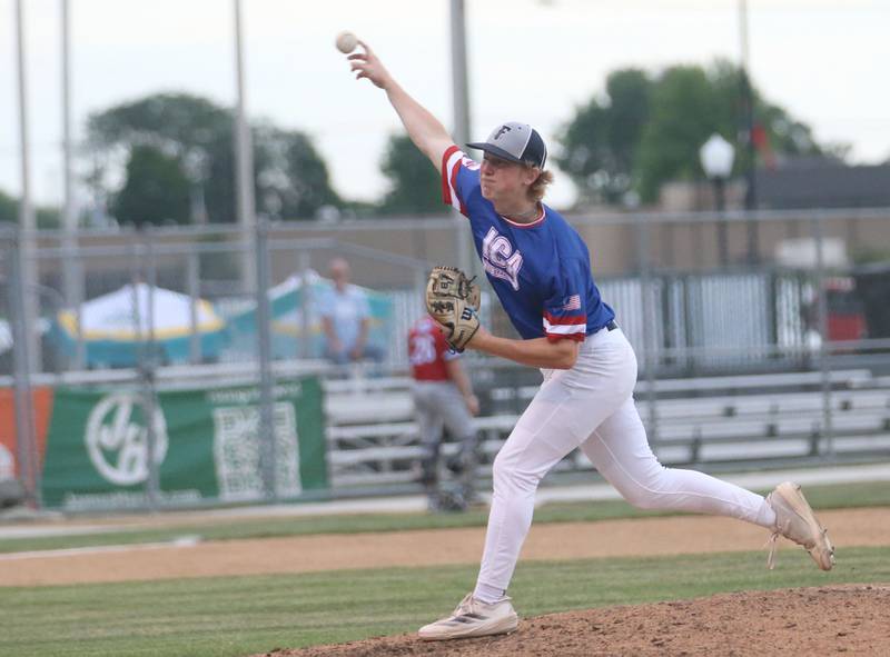 Fieldcrest's Jordan Heider lets go of a throw during the ICA Senior Baseball All Star Game on Monday, June 30, 2025 at Schweickert Stadium in Peru.
