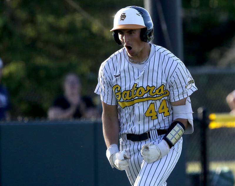 Crystal Lake South's Michael Silvius celebrates as he runs the bases after hits a two run game winning home run during a Fox Valley Conference baseball game against Prairie Ridge on Friday, May 15, 2026, at Crystal Lake South High School.