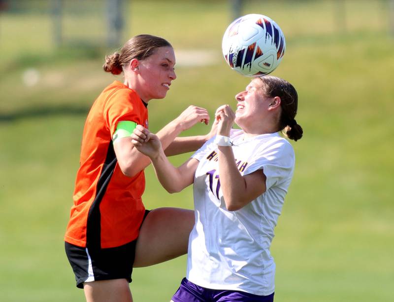 Crystal Lake Central’s Peyton McMahon, left, battles  Hononegah’s Leah Hopper for the ball in IHSA Class 2A Sectional Semifinal girls soccer on Monday, May 25, 2026 at Crystal Lake Central High School in Crystal Lake.