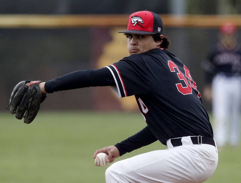 Huntley's Sean Dabe throws a pitch during a Fox Valley Conference baseball game against Prairie Ridge on Friday, May 1, 2026, at Prairie Ridge High School.