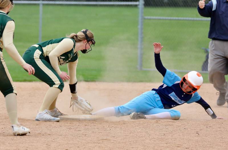 St. Bede second baseman Madelyn Torrance tags out Bureau Valley's Addison Hicks on a steal attempt in the fifth inning Monday at Manlius. The Bruins won 11-4.