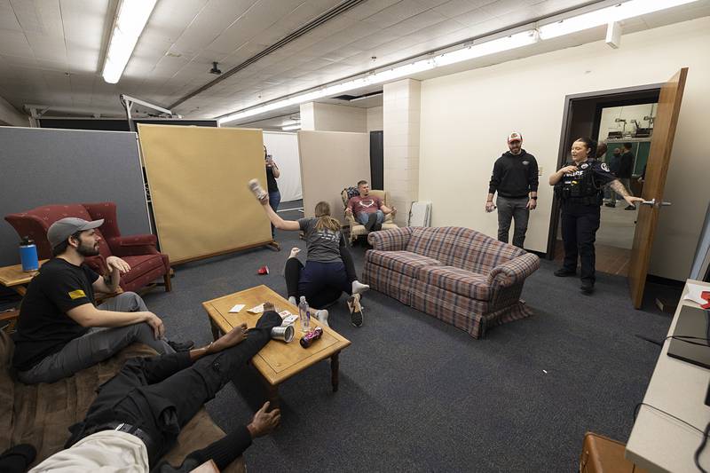 Sauk Valley Police Academy cadets respond to a scene of a fight in progress during training Tuesday, Feb. 17, 2026, at Sauk Valley Community College.