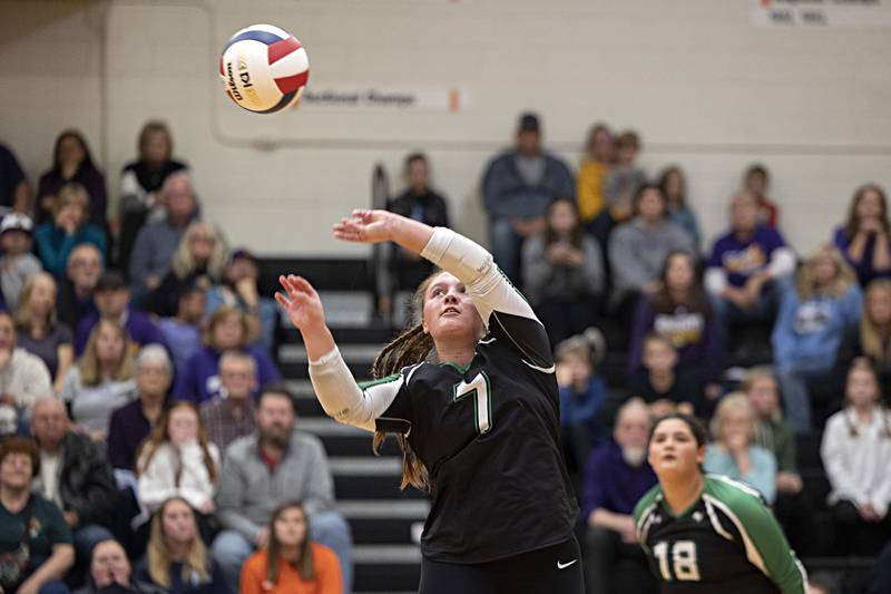 Rock Falls’ Denali Stonitsch sets the ball over the net against Chicago Christian Friday, Nov. 3, 2023 in the class 2A volleyball supersectional in Sandwich.