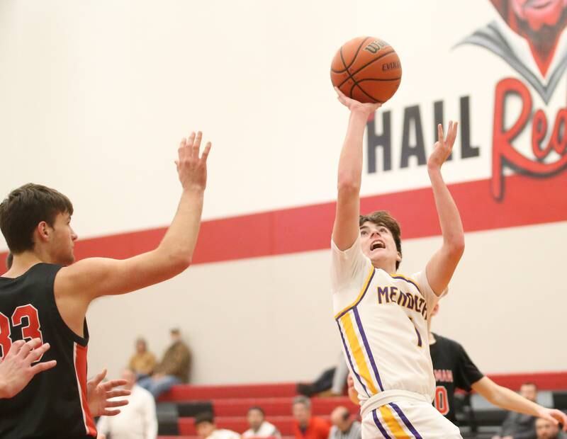 Mendota's Cale Strouss shoots an off-balance jump shot against Stillman Valley during the 49th annual Colmone Classic Tournament on Wednesday, Dec. 6, 2023 at Hall High School.