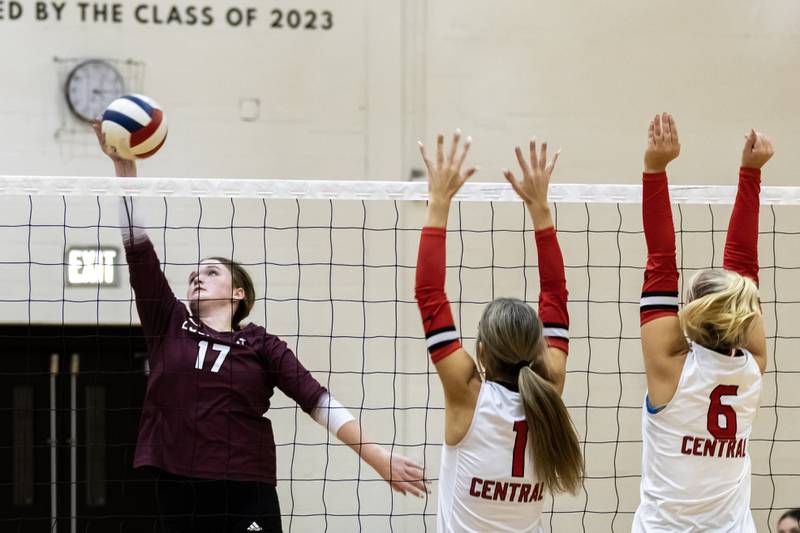 Lockport's Bridget Ferriter looks for an opening during a varsity volleyball game against Lincoln-Way Central at Lincoln-Way Central on Oct. 9, 2025.