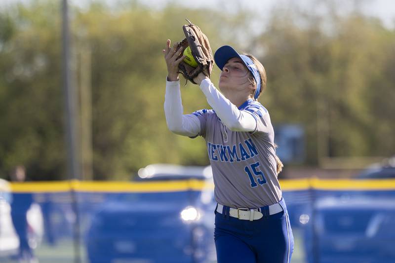 Newman’s Sophia Ely hauls in a flyable in right field against Princeton Monday, April 29, 2024.