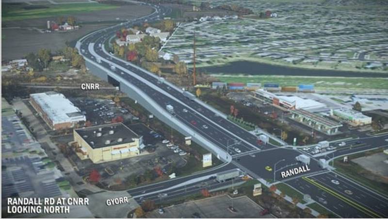 Kane County is getting $25 million in federal funds to eliminate the county's last at-grade crossing on Randall Road. The map of the project shows Randall Road at Gyorr Avenue in South Elgin. Hopps Road in Elgin is farther north.