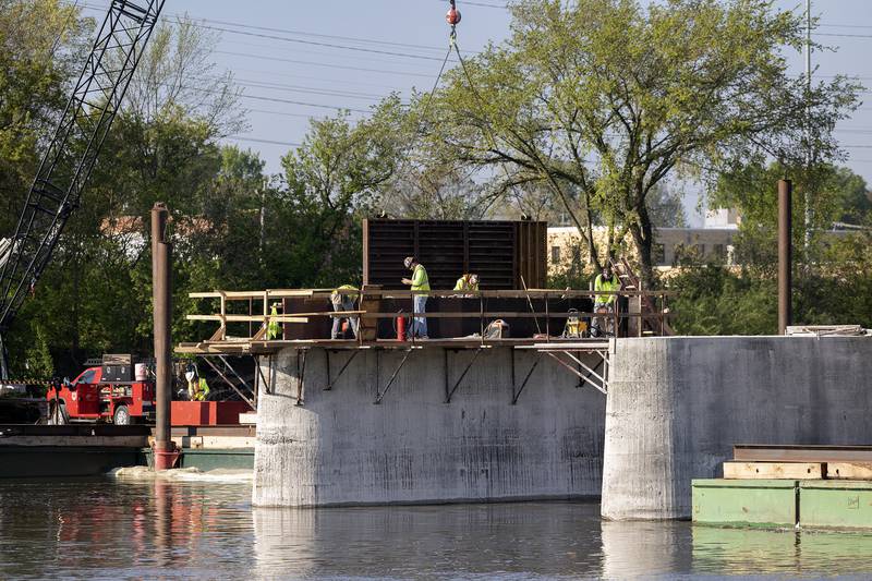Work continues on Project Rock Tuesday, May 6, 2025. A pedestrian bridge will cross the pylons of an old railroad crossing.
