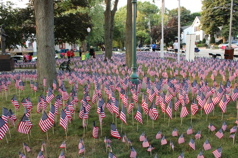 The grounds of the Reagan Boyhood Home are covered by 2,977 United States flags as part of the Young America's Foundation's 9/11 Never Forget Project in a file photo from 2021.