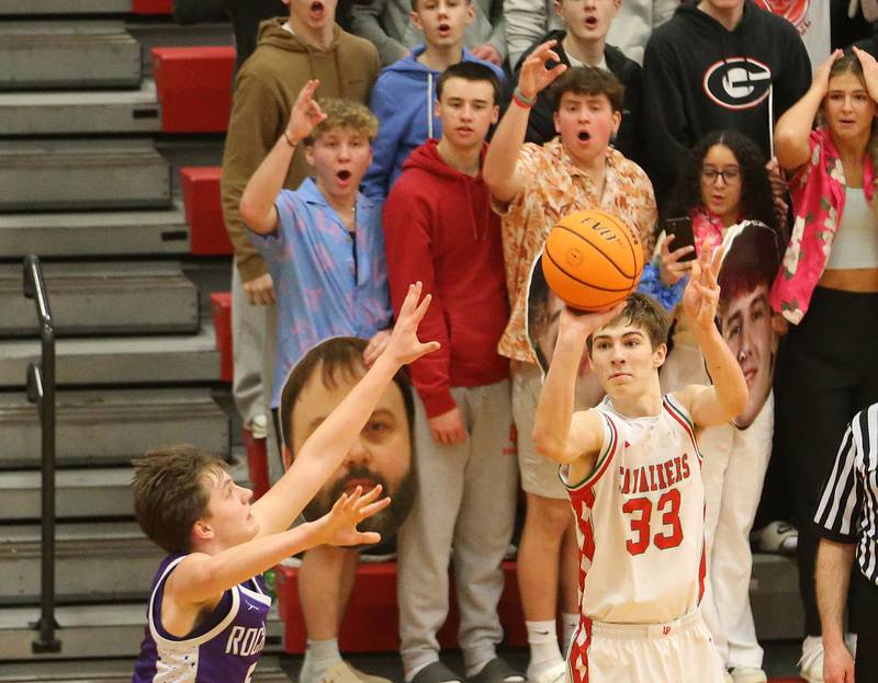 L-P's Gavin Stokes sinks a three-point basket over Rochelle's Mason Ludwig on Friday, Feb. 13, 2026 in Sellett Gymnasium at L-P High School.