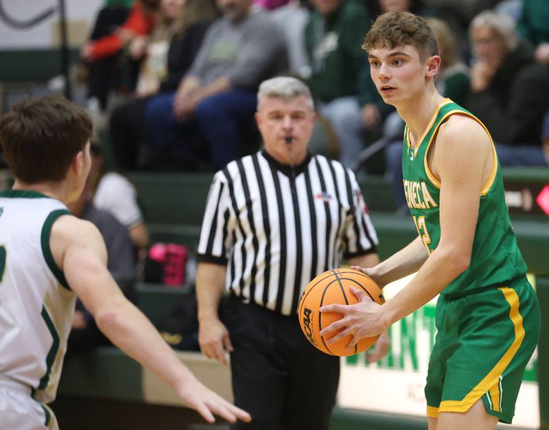 Seneca's Matt Stach looks to pass the ball against St. Bede on Tuesday, Dec. 16, 2025 at St. Bede Academy.