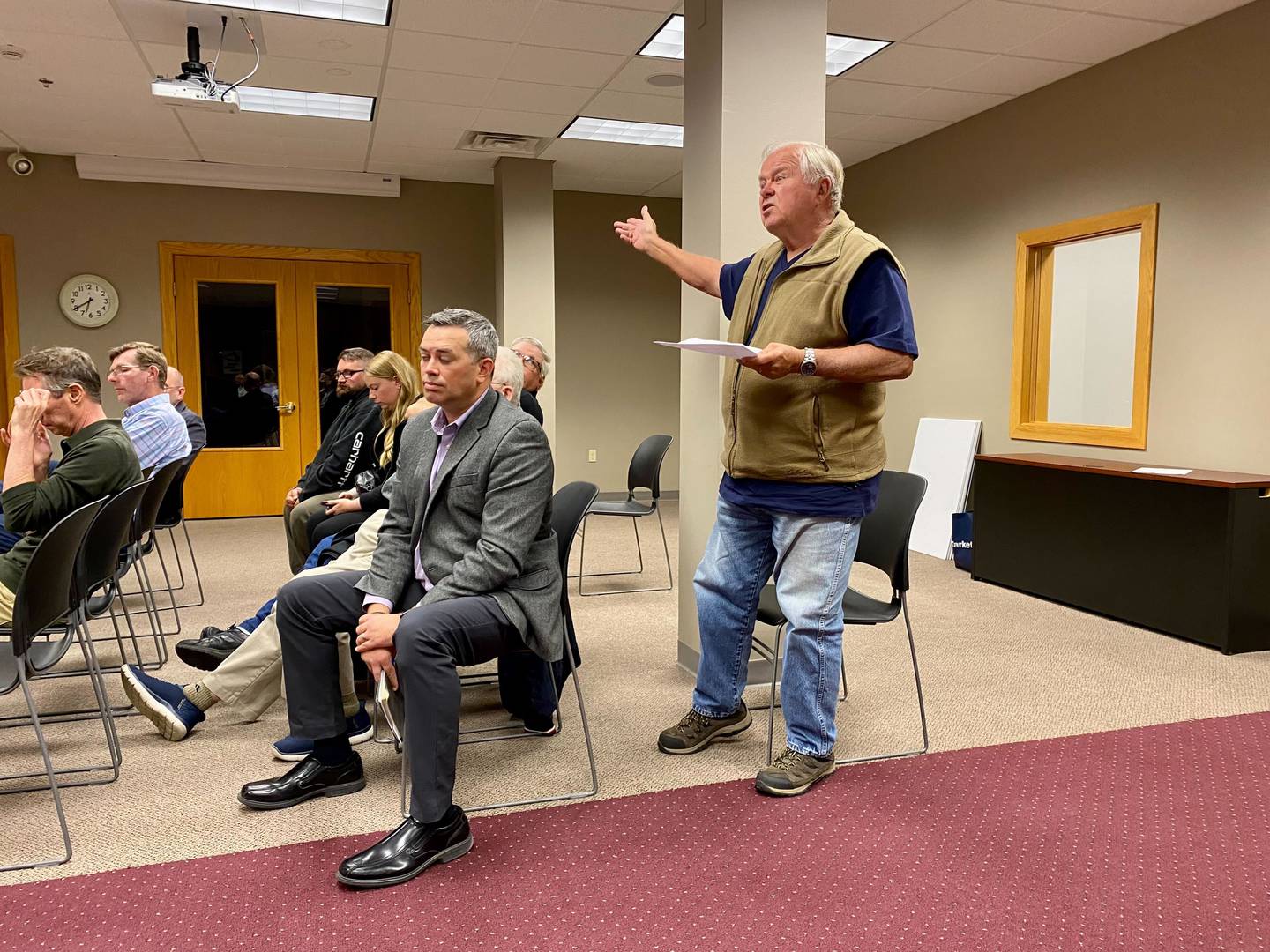 Sycamore resident John Mataitis voices his opposition to a proposal by DeKalb-based Pappas Development and Sycamore-based Primm Prairie Commercial Development to build a three-building, 66-unit luxury apartment complex on Primm Drive on the city’s north side. Mataitis lives near the proposed development site and spoke during a Sycamore Planning and Zoning Commission Meeting Monday, Oct. 9, 2023 at Sycamore City Center, 308 W. State St., Sycamore.