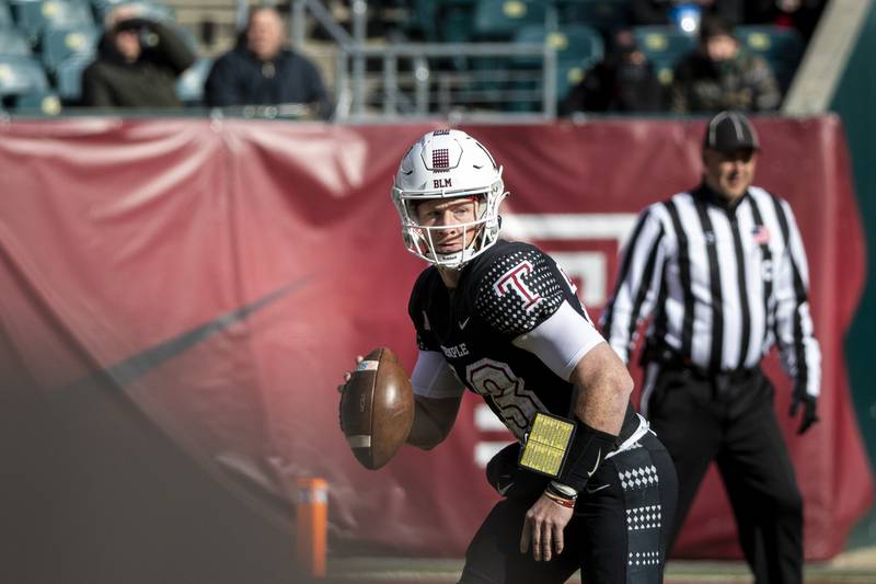 Temple quarterback Justin Lynch looks to pass against Navy during the first half Nov. 27, 2021 at Lincoln Financial Field in Philadelphia.