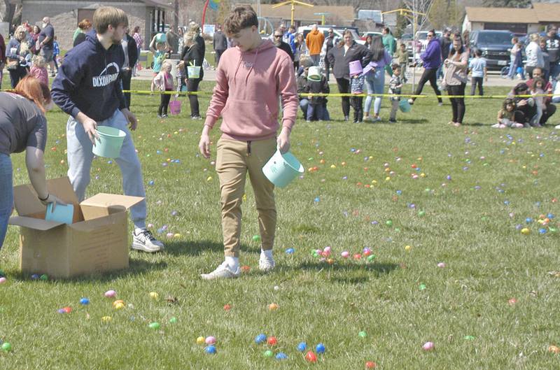 Staff from the Dixon Park District spread eggs before the hunt. The Eggstravaganza Egg Hunt, sponsored by the Dixon Park District,  took place at the park facilities Saturday, April 12, 2025.