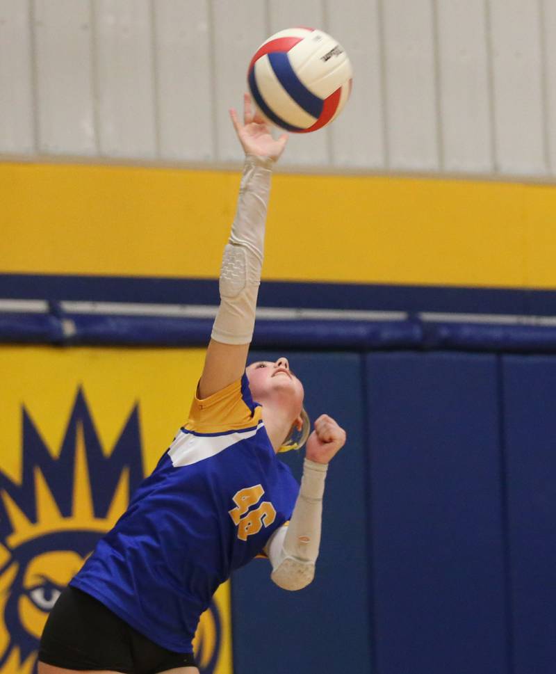 Logan's libero Breelyn Unthank serves the ball against Rockford-Marshall during the IESA Class 3A eighth-grade Regional final game on Thursday, March 13, 2025 at Logan Junior High School in Princeton.