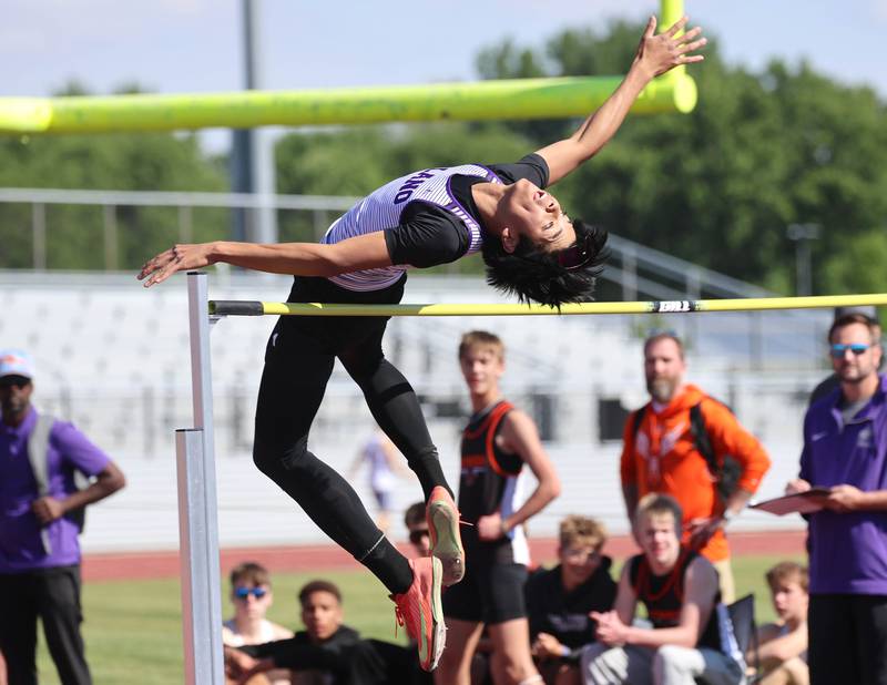 Plano’s Jayden Balingit makes an attempt during the high jump Wednesday, May 20, 2026, during the Class 2A boys track sectional at Rochelle High School.