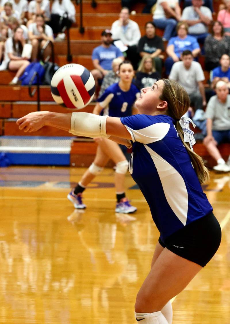 Princeton senior setter Makayla Hecht makes a pass against Mendota Tuesday night at Prouty Gym. The Tigresses won 25-15, 25-12.