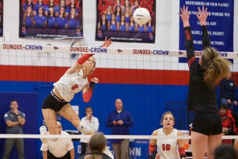 Barrington's Jessica Horwath with the kill shot against Huntley at the Class 4A Super Sectional Final on Friday, Nov. 4,2022 in Dundee.
