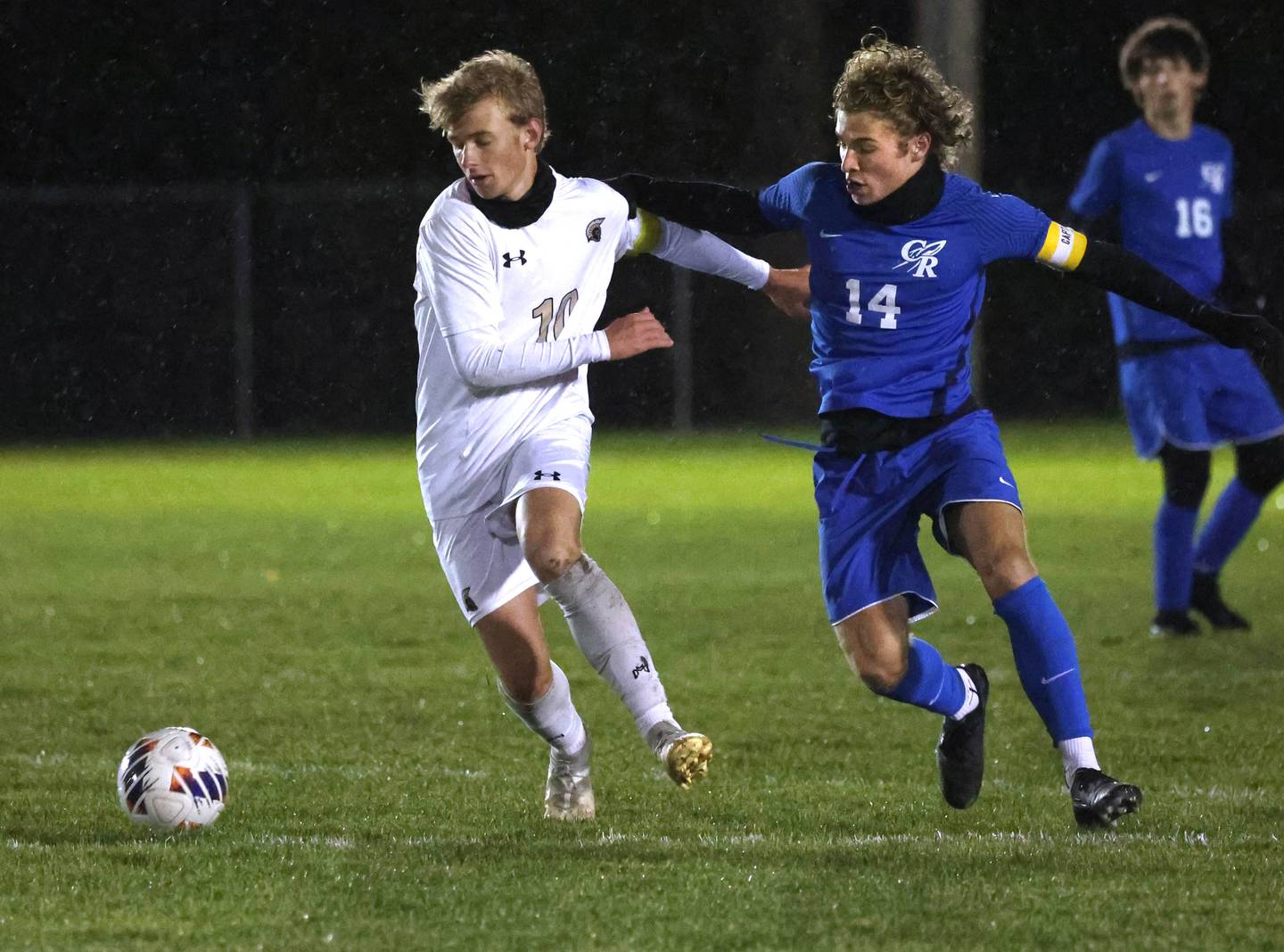 Sycamore's Gavin Crouch tries to hold off Burlington Central’s Noah Rosborough Tuesday, Oct. 21, 2025, during their IHSA Class 2A regional semifinal match at Burlington Central High School.