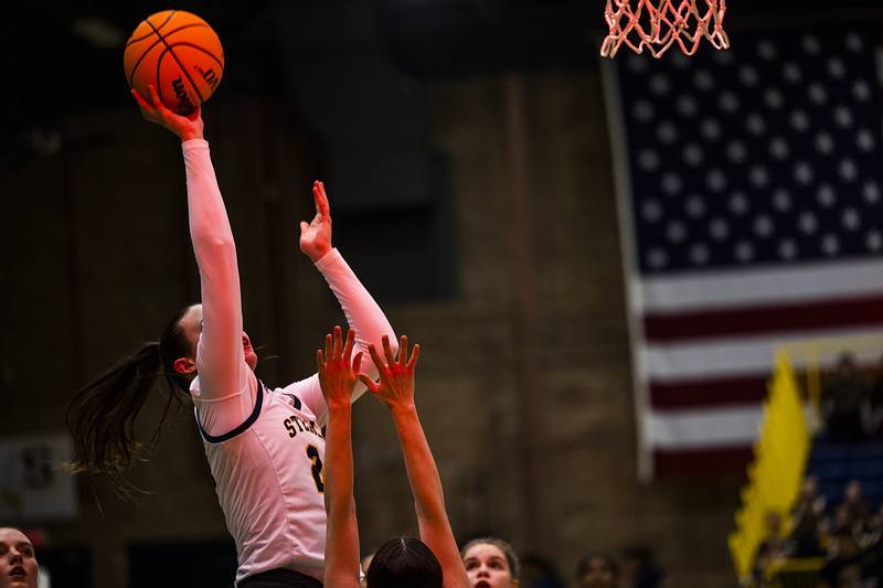 Sterling’s Madison Austin scores two at the first quarter buzzer against Geneseo Thursday, Jan. 30, 2025, at Sterling High School.