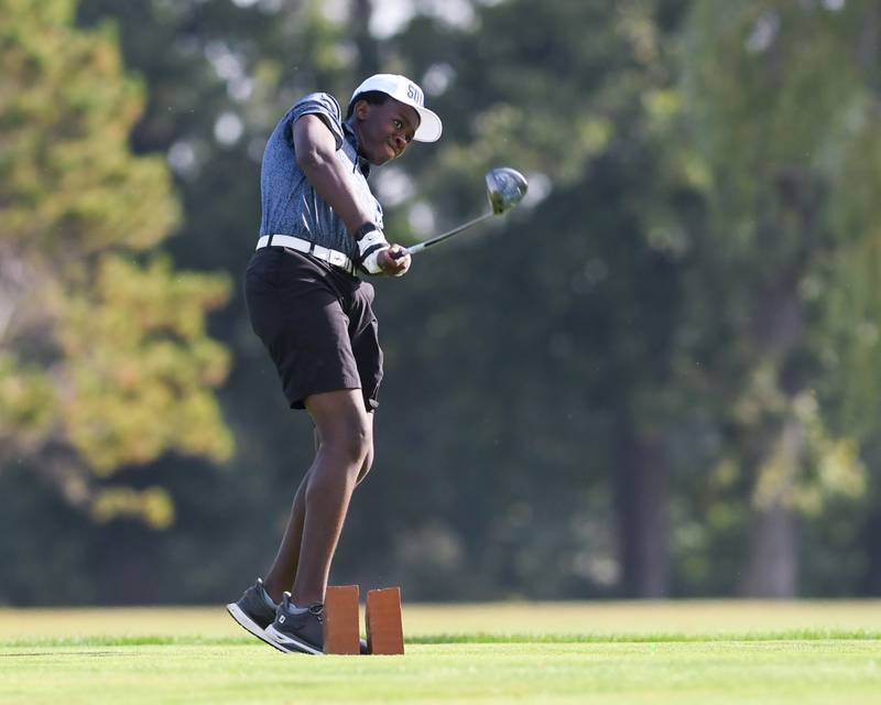 Jonah Powell of Plainfield South watches his drive off the tee box during the Plainfield Central regional on Wednesday Oct. 1, 2025, held at Wedgewood Golf Course in Plainfield.