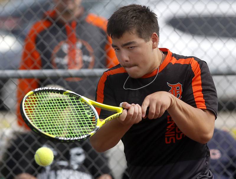 DeKallb’s Esteban Cardoso returns as he and his doubles partner, Kameron Falk, compete in the Class 2A Boys State Tennis Tournament on Thursday, May 29, 2025, at Palatine High School.