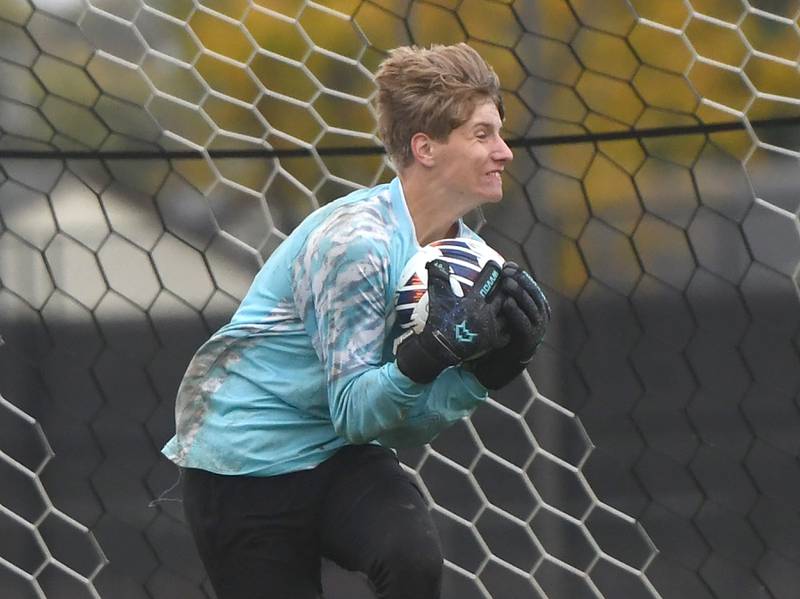 Oregon goalkeeper Deryk Withers makes a save during 1A regional action against North Boone on Tuesday, Oct. 21, 2025.