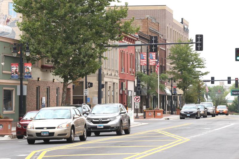 Lincoln Highway Thursday, Aug. 25, 2022, from Third Street looking west after the recent downtown DeKalb renovations.