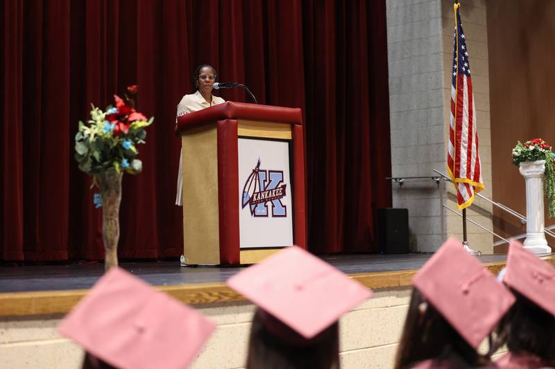 Kankakee School District 111 Superintendent Teresa Lance speaks to Kankakee High School graduates during the summer commencement ceremony at the high school on Tuesday, July 29, 2025.
