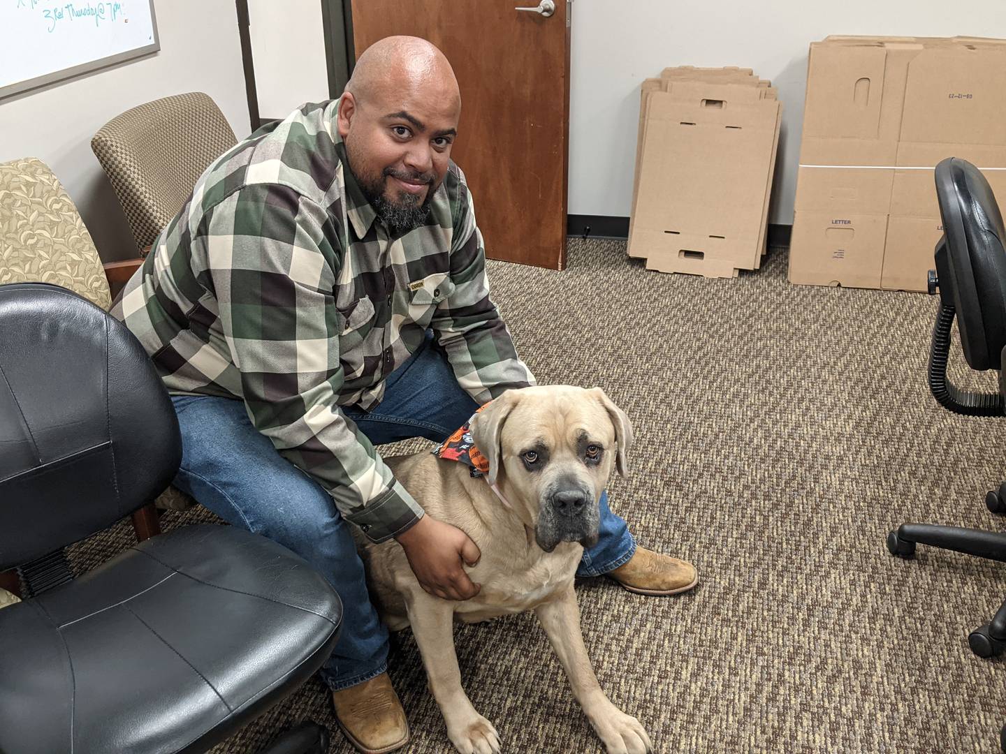William Sutton, veteran service officer/case manager for the Veterans Assistance Commission of Will County, holds the commission's emotional support canine, Charli.