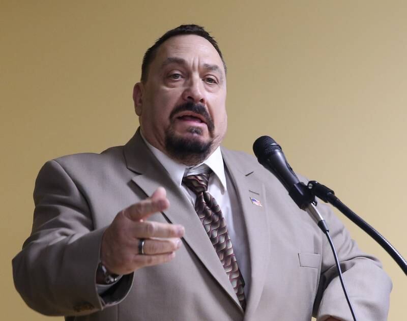 Oglesby commissioner candidate Gregory "Mac" McDermott delivers a speech during a mayoral and commissioner candidate forum on Wednesday, March 8,  2023 at the Oglesby Public Library.