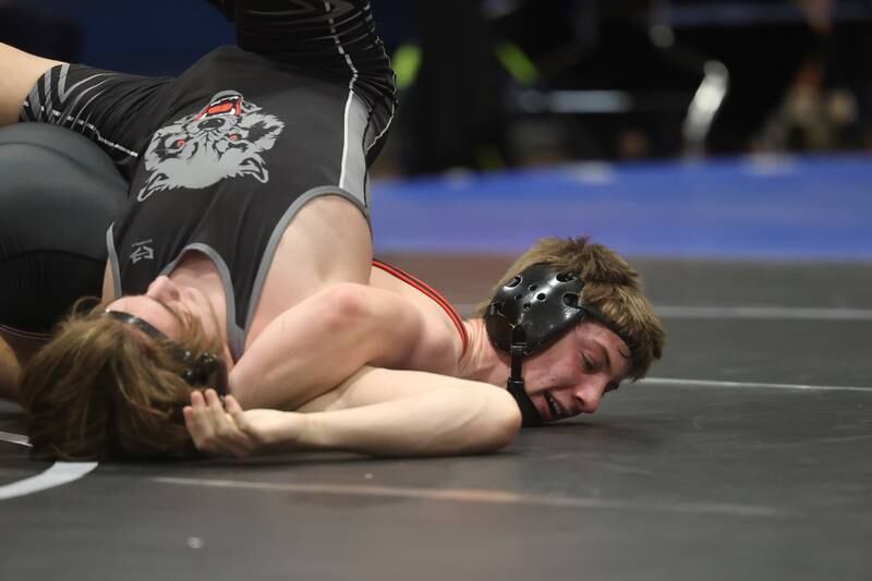 Yorkville’s Jack Ferguson pins Oswego East’s Noah Demarco in the Southwest Prairie Conference 150 pound Championship at Joliet Central on Saturday, Jan. 20th, 2024.