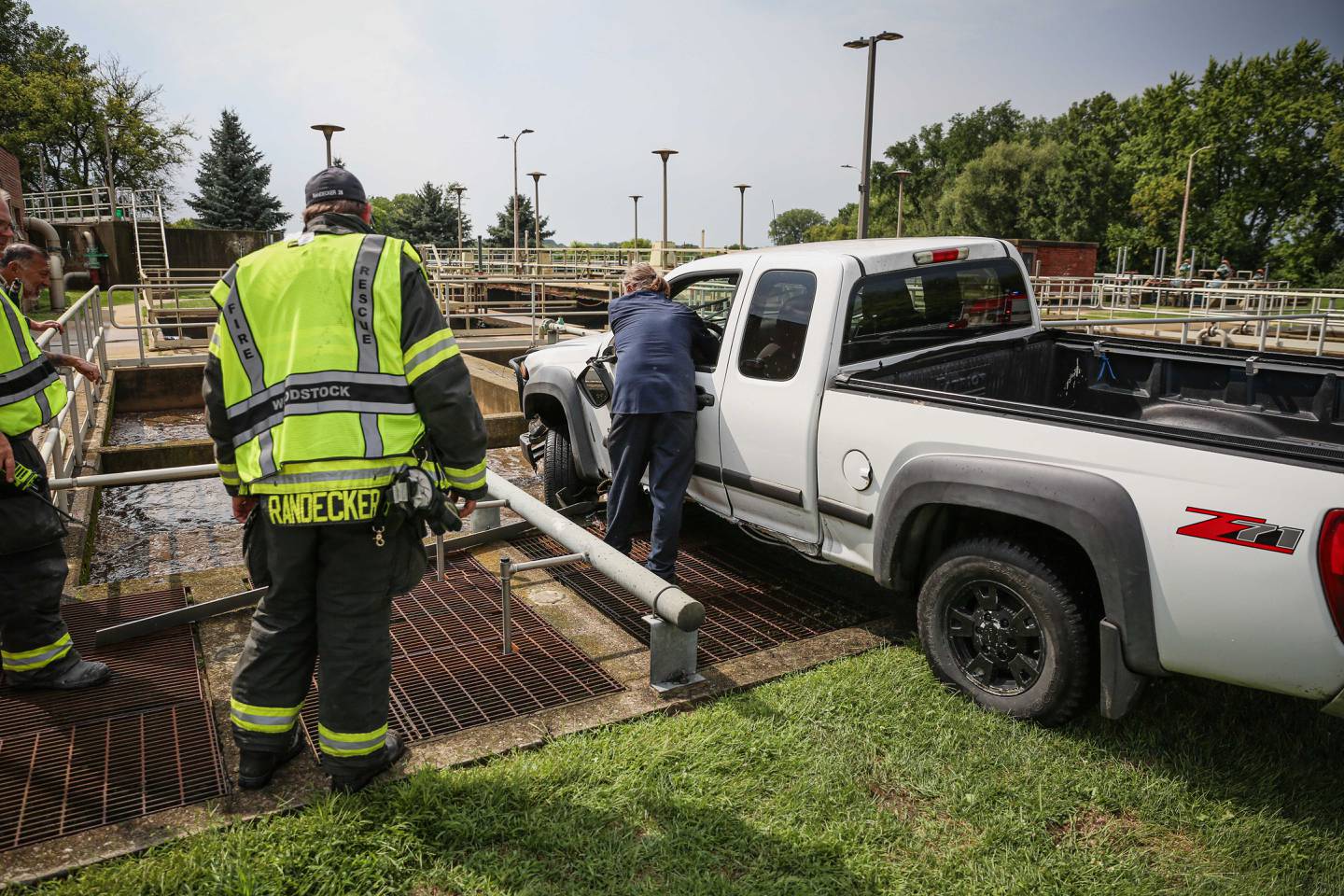 Firefighters were called just before 3 p.m. on Monday, August 18, 2025, to Woodstock’s Wastewater Treatment Plant for a vehicle that was pushed to the edge of a treatment pond following a two-car crash.