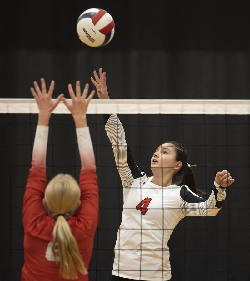 Erie-Prophetstown’s Ashlyn Johnson plays the ball against Oregon Tuesday, Oct. 28, 2025, in the Class 2A regional semifinal at Rock Falls.