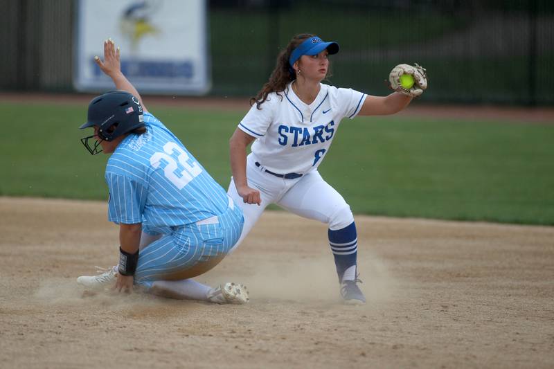 St. Charles North's Ginger Ritter gets Lake Park's Emma Gdowski out at second base during a game on Wednesday, April 30, 2025 in St. Charles.