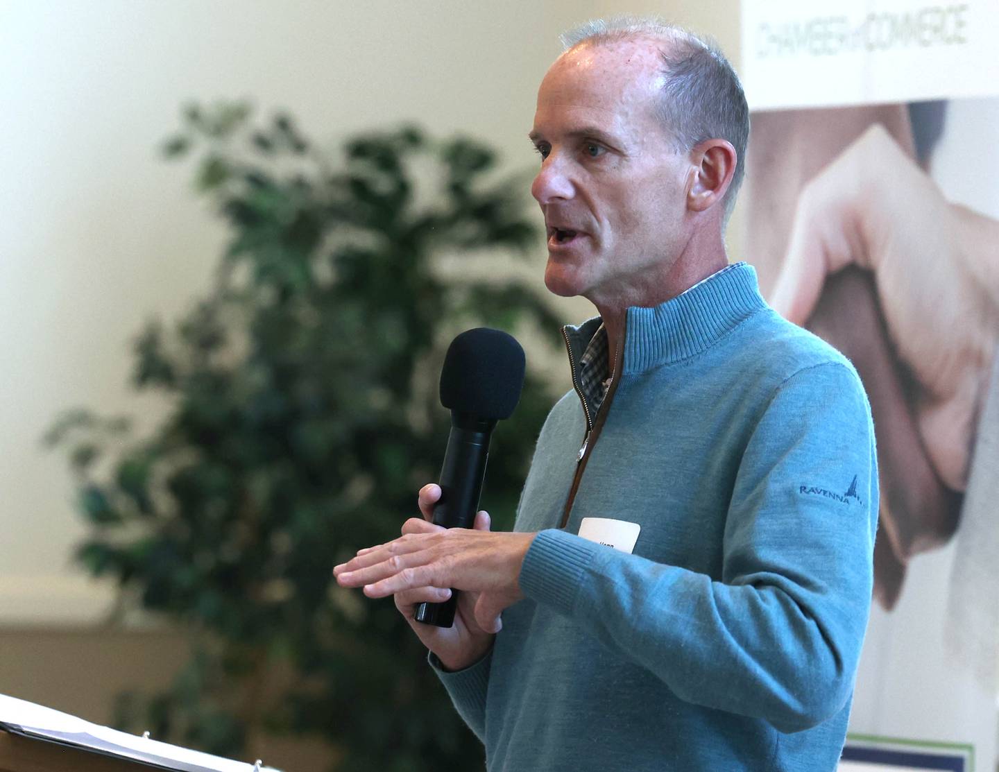 Steve Henn, from Ideal Industries, Inc., speaks after Ideal Industries was named the winner of the Community Diamond Award during the Sycamore Chamber of Commerce Annual Meeting Thursday, March 6, 2025, at St. Mary's Catholic Church in Sycamore.